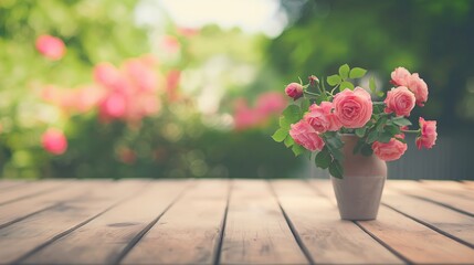 Poster - wooden table with a vase of roses