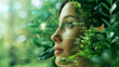 A conceptual image fusing a woman's profile with lush greenery and butterflies, symbolizing a harmonious blend of humanity and nature