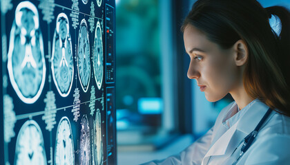 Wall Mural - Focused healthcare professional reviewing intricate brain scans on high-tech digital monitor