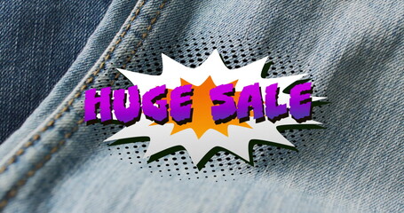 Image of retro huge sale text over denim trousers background