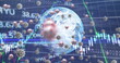 Image of macro Covid-19 cells floating on navy blue background with a globe model and charts
