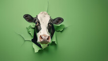 A Photogenic Cow's Face Is Humorously Protruding Through A Hole In A Uniform Green Paper, Adding Fun To The Scene