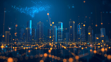 Wall Mural - Modern city with wireless network connection and cityscape concept Wireless network and Connection technology concept with city background at night (2)