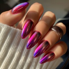 Wall Mural - Female hand with long nails and bright pink and purple nail polish manicure.