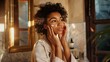 A lifestyle shot of a model incorporating skincare into their morning routine,