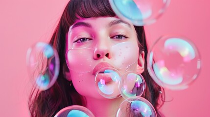 Wall Mural - A playful shot of a model blowing bubbles while wearing a hydrating lip mask, 