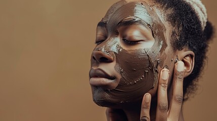 Wall Mural - An action shot of a model applying a clay mask, capturing the product's purifying and detoxifying properties, 