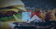 Image of a blue QR code with a web of connections over a fast food meal on a table digital composite