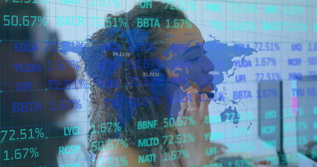 Wall Mural - Image of data processing and a blue world map over a biracial female call centre worker talking on