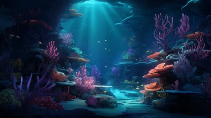 Wall Mural - An underwater cave with coral reefs