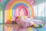 Fototapeta Uliczki - A colorful rainbow themed bedroom with a pink bed and a pink comforter