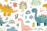 Fototapeta Dinusie - Colorful cartoon dinosaurs in a whimsical landscape. This vibrant image showcases playful cartoon dinosaurs in a variety of colors, surrounded by whimsical flora and other cute elements