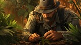 Fototapeta Londyn - A treasure hunter searches for lost artifacts in a jungle