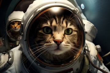 Wall Mural - A group of cats in astronaut costumes in a spaceship, space exploration.