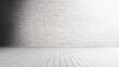 © May - empty gallery interior room with old white brick wall texture and brown grunge wooden plank floor pattern, blank space background or backdrop for design element and display product in vintage style