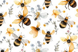 Fototapeta Dziecięca - Watercolor Seamless Lovely bees pattern background white background