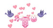 Image of birds holding string with baby clothes over white background with hearts