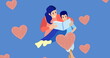 Image of caucasian mother reading to son over blue background with hearts