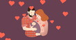 Image of caucasian couple with baby over purple background with hearts