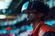 © yaqui_villegas - High-resolution shot of an individual using VR technology in a public space with blurred stadium background