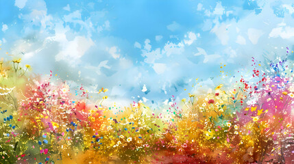 Wall Mural - Landscape watercolor meadow with flowers background. 