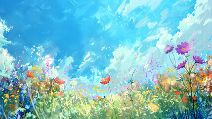 Wall Mural - Landscape watercolor meadow with flowers background. 