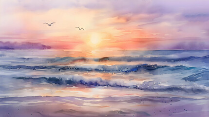 Wall Mural - Abstract watercolor beach and sea under sunset background.