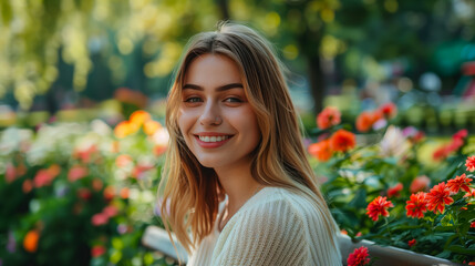 Wall Mural - Portrait Session in City Park A portrait of a smiling woman sitting on a bench in a city park, surrounded by green trees and colorful flowers