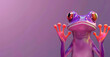 A purple frog wearing sunglasses and a hat. The frog is looking at the camera. 3d animal amphibian illustration - Funny abstract purple frog with hands up, isolated on a purple background banner