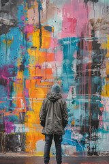 Wall Mural - man in front of colored graffiti wall