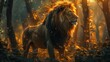 A majestic lion standing tall in the heart of an enchanted forest, its mane flowing and eyes glowing with power.