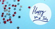 Image of 4th of july text over stars of united states of america on blue background