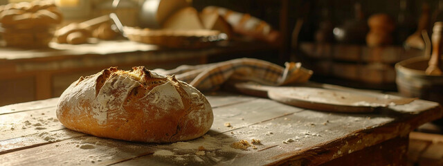 Wall Mural - freshly baked bread on the table close-up