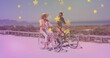 Multiple golden star icons against caucasian senior couple riding bicycles together at the beach