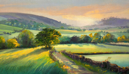 An acrylic style painting if the green English countryside in Summer