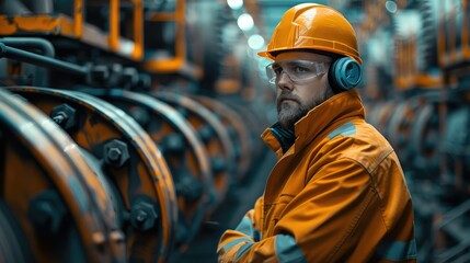 Fototapete - A worker stands next to machinery in a factory. Generative AI.
