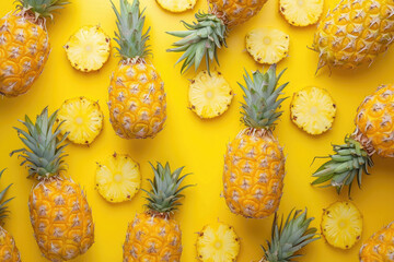 a lot of fresh pineapples, whole fruits and round slices, yellow texture on the background, top view, flatline