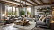 Rustic interior design of modern living room with wooden beams on the ceiling