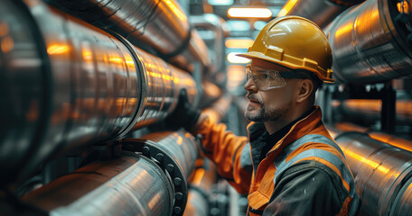 Fototapete - An inspection was performed by a male worker at the pipeline of oil and gas refining station during a visual check of each of the long pipes and pipe elbows. Generative AI.
