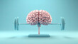 ©  Mohammad Xte - Human brain lifting weights. 3D brain lifting a heavy dumbbell. Mind training on pastel blue background