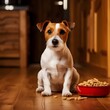 Kleiner süßer jack-russell-hund wartet sehnsüchtig drinnen darauf, futter aus einer schüssel zu hause zu essen
