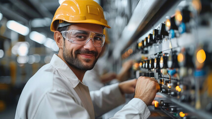 Poster - Automotive worker smiling while working at an electronics panel in an electronics company setting. Generative AI.