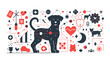 Black Dog Surrounded by Red and White Icons. Generative AI