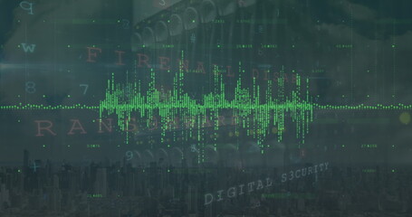 Image of green graph with cybercrime text and data processing over computer servers