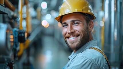 Wall Mural - Smiling and happy electrician in modern factory. Generative AI.