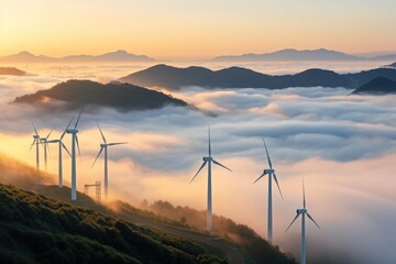 Wind energy with wind turbine in high mountains. Concept for green renewable energy.