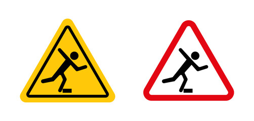 Tripping hazard warning sign. floor surface obstacle fall caution symbol. person foot falling beware sign.