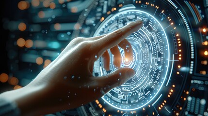 Poster - A person touching a complex circular diagram on virtual screen, innovation, network, An abstract technology background . Generative AI.