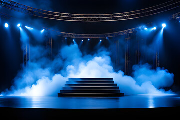 Wall Mural - illuminated stage with blue lights and smoke