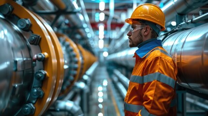 Fototapete - An engineer inspecting a wall of industrial pipes. Generative AI.